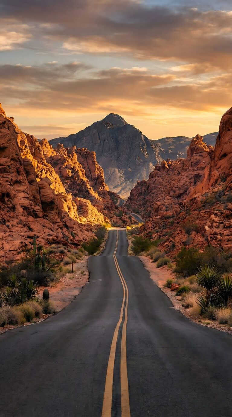 Highly detailed digital render of a winding highway through a desert canyon with red rock formations during a golden sunset aesthetic 4K ultra HD mobile wallpaper