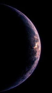 Vertical cinematic digital art of Planet Earth from space, showing the day-night terminator line with glowing twilight edges against a pitch-black cosmic void, dark AMOLED 4K aesthetic.