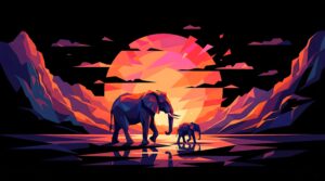 Horizontal digital art of two elephants (mother and calf) walking in a low poly geometric style, sharp faceted shapes, vibrant orange sunset sun and purple mountains background, modern vector art aesthetic 4K wallpaper