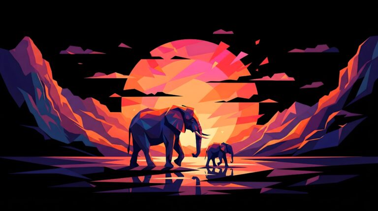 Highly detailed digital render of a low poly geometric illustration featuring an adult and baby elephant walking near water during a vibrant purple and orange sunset with mountains aesthetic 4K ultra HD PC desktop wallpaper