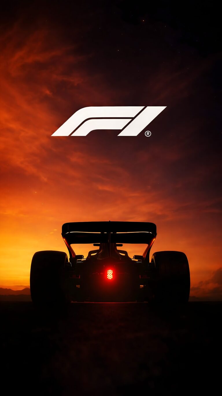 Highly detailed digital render of a Formula 1 racing car silhouette against a vibrant orange sunset sky with a white F1 logo minimalist dark aesthetic 4K ultra HD mobile wallpaper