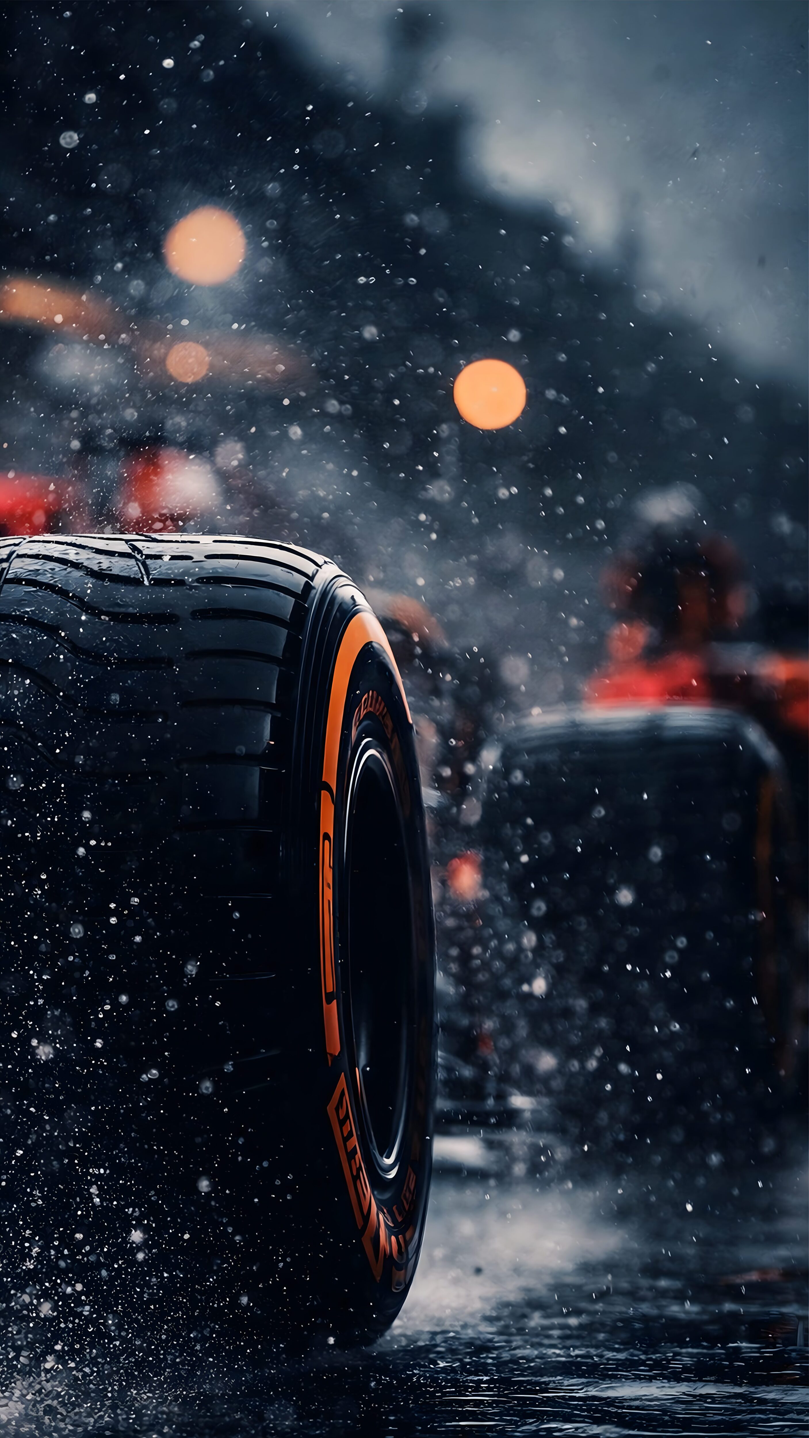 Vertical cinematic photography of a Formula racing car wet tire splashing water on a rainy track, glowing orange tire markings, dark bokeh background with glowing street lights, motorsport 4K wallpaper