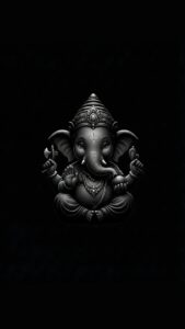 Vertical black and white 3D render of cute baby Ganesha sitting, wearing traditional jewelry, dark background, hyper-realistic spiritual wallpaper for iPhone and Android