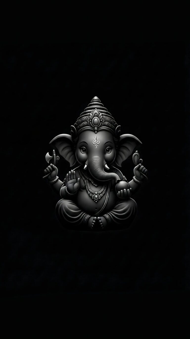 Highly detailed black and white digital render of Lord Ganesha in a sitting posture against a pure pitch black background spiritual aesthetic 4K ultra HD mobile wallpaper