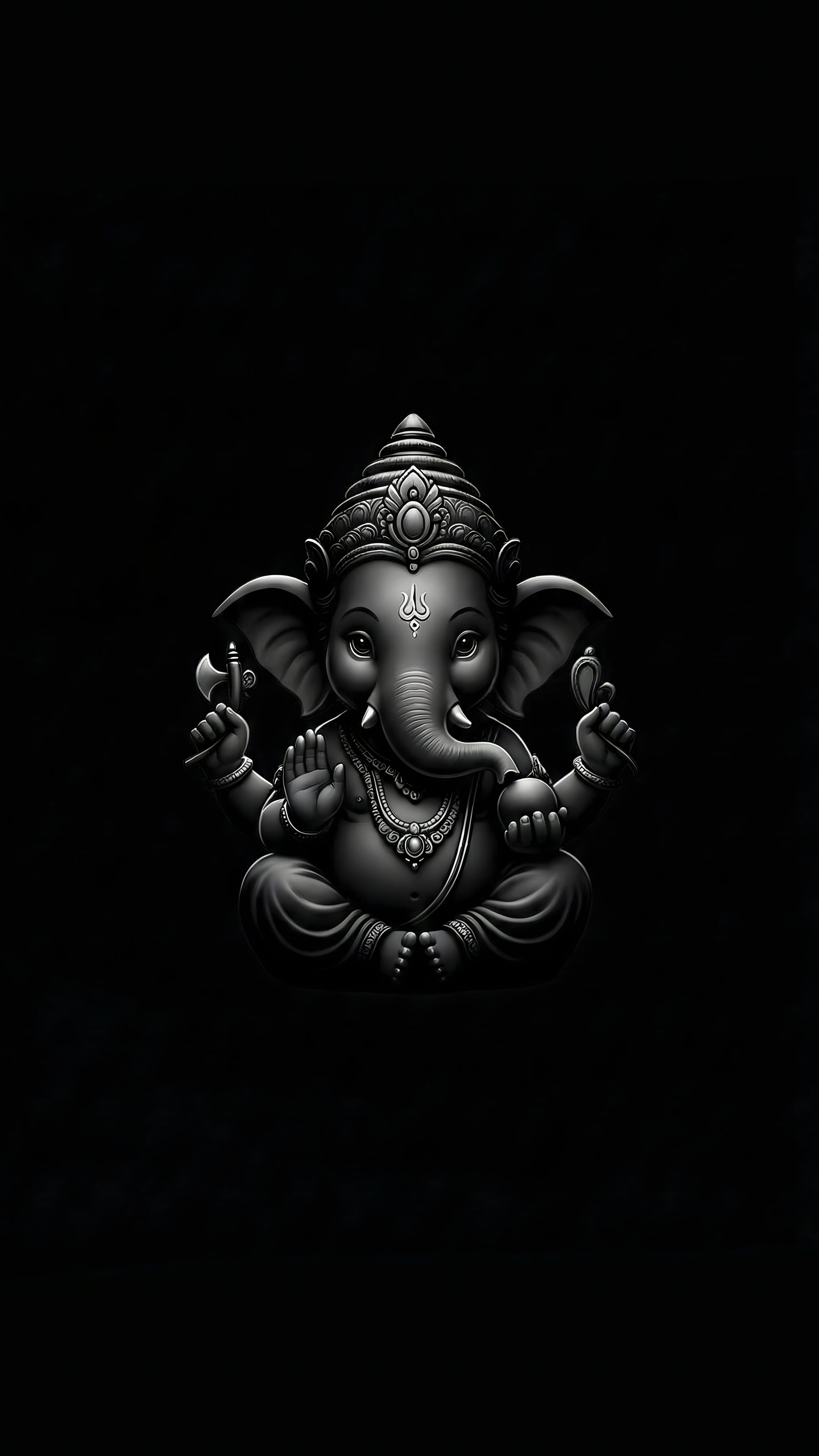Vertical black and white 3D render of cute baby Ganesha sitting, wearing traditional jewelry, dark background, hyper-realistic spiritual wallpaper for iPhone and Android