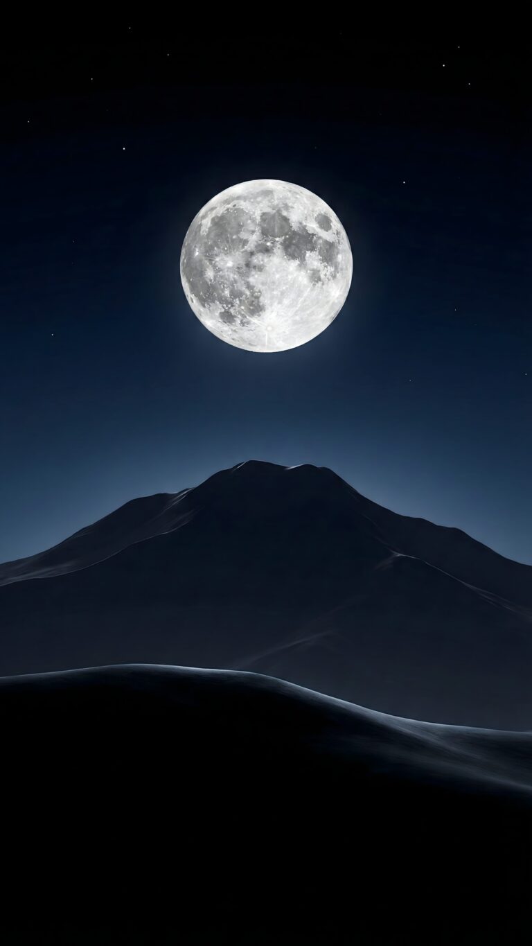 Highly detailed digital render of a giant glowing full moon over smooth dark mountain peaks silhouette against a deep minimalist night sky aesthetic 4K ultra HD mobile wallpaper