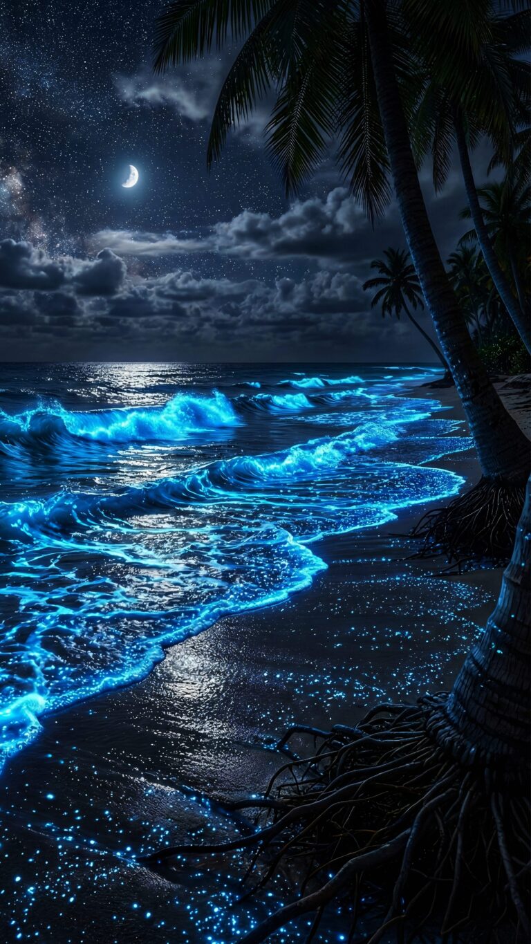 Highly detailed digital render of a magical dark night beach with glowing blue bioluminescent waves crashing on the shore with palm trees and a starry moonlit sky aesthetic 4K ultra HD mobile wallpaper
