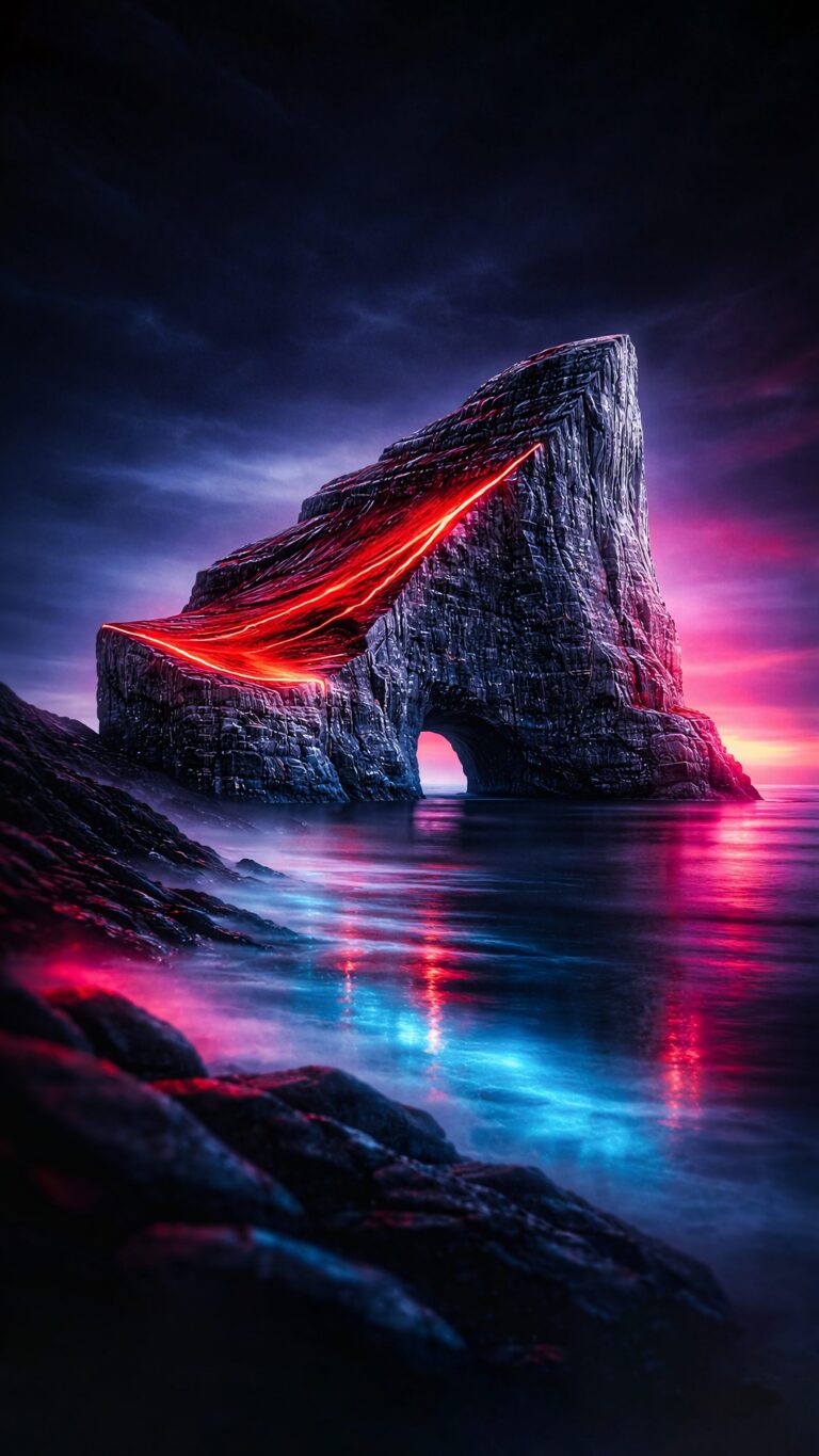 Highly detailed digital render of a dark fantasy seascape featuring a large textured rock with a glowing red crack reflecting neon blue and pink lights in the dark water aesthetic 4K ultra HD mobile wallpaper