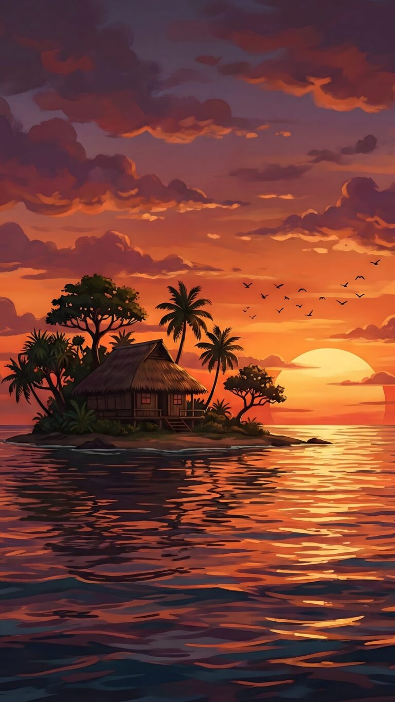 Highly detailed anime style digital illustration of a peaceful tropical island with a small hut and palm trees during a beautiful golden sunset with ocean reflection aesthetic 4K ultra HD mobile wallpaper
