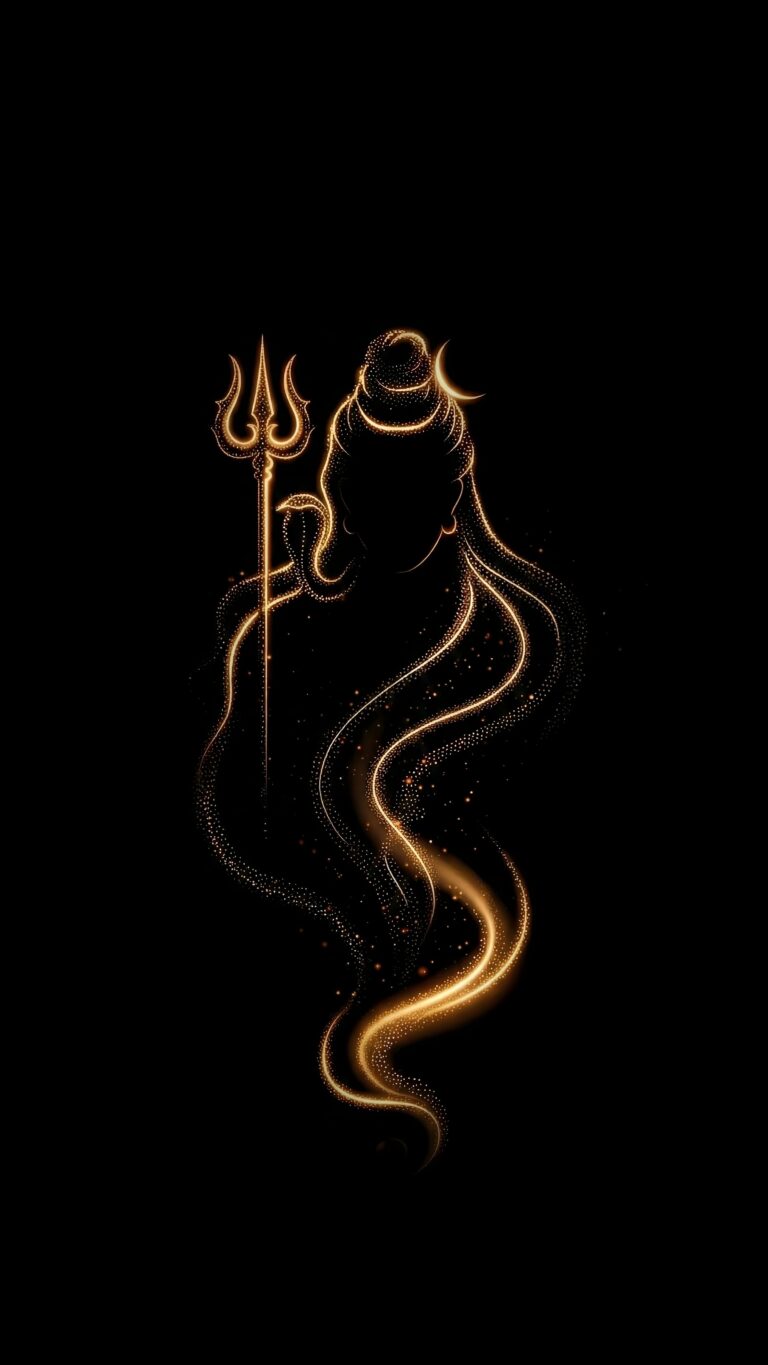 Highly detailed digital render of a minimalist glowing golden outline of Hindu God Lord Shiva with a trishul against a pure pitch black background spiritual aesthetic 4K ultra HD mobile wallpaper