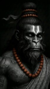 Vertical black and white hyper-realistic close-up portrait of Lord Hanuman (Hanuman Dada), wearing Rudraksha beads and a shawl with 'Ram' inscribed on it, meditating with a tilak on his forehead, dark spiritual 4K wallpaper