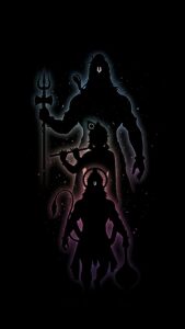 Vertical digital art featuring glowing silhouettes of three Hindu deities on a pitch-black background. Top: Lord Shiva holding a Trishul with blue rim light. Middle: Lord Krishna playing the flute with purple glow. Bottom: Lord Hanuman holding a Gada with red glow. Minimalist spiritual aesthetic 4K wallpaper