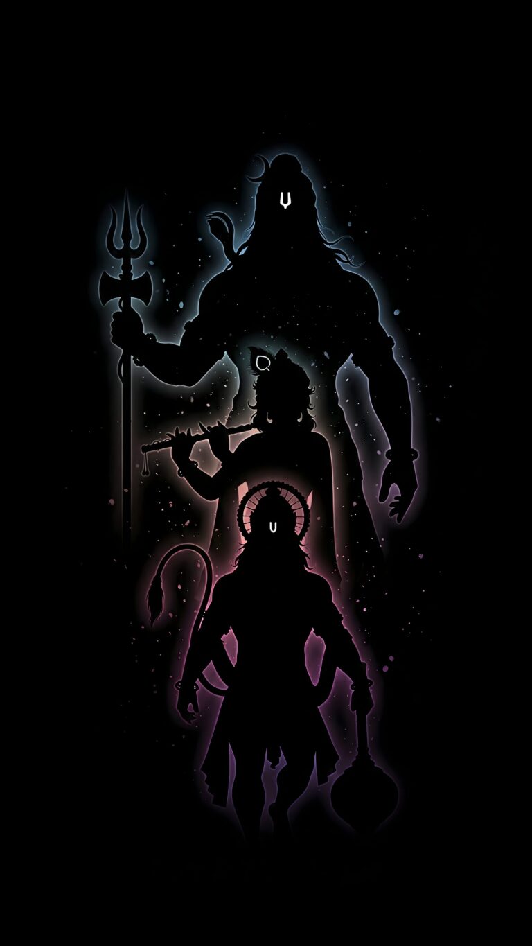 Highly detailed digital render of Hindu Gods Lord Shiva Lord Krishna and Lord Hanuman glowing neon silhouettes on a pure pitch black starry background minimalist spiritual aesthetic 4K ultra HD mobile wallpaper