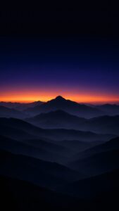 Vertical digital art of minimalist layered mountain silhouettes fading into the distance with atmospheric mist, vibrant orange and purple sunset gradient transitioning into a deep blue night sky, dark nature aesthetic 4K wallpaper