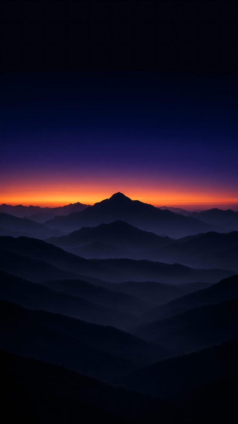 Highly detailed digital render of minimalist dark layered mountains during sunset with a glowing orange horizon and deep purple gradient sky dark aesthetic 4K ultra HD mobile wallpaper