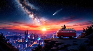 Horizontal digital art of a girl sitting on the roof of a vintage van playing a guitar, overlooking a illuminated modern city skyline at sunset, vibrant starry night sky with Milky Way and shooting star, lofi hip hop aesthetic 4K wallpaper