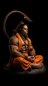Vertical 3D hyper-realistic digital art of Lord Hanuman in deep meditation (Dhyana mudra), highly detailed muscular build, sitting on a textured rock, wearing vibrant bright orange/saffron robes and rudraksha beads, pitch black background, spiritual AMOLED 4K wallpaper