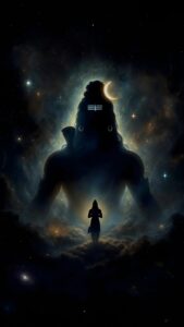 Vertical digital art featuring a giant silhouette of Lord Shiva formed by nebula clouds and stars in deep space, a small devotee standing below praying to the cosmic form, glowing crescent moon, trishul, spiritual universe aesthetic, 4K wallpaper