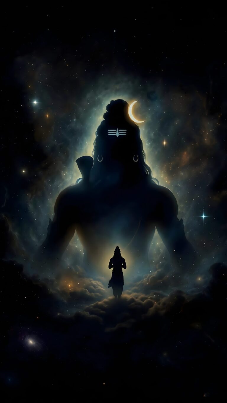 Highly detailed digital render of Lord Shiva as a cosmic silhouette with a crescent moon against a vibrant galaxy starry night sky spiritual aesthetic 4K ultra HD mobile wallpaper