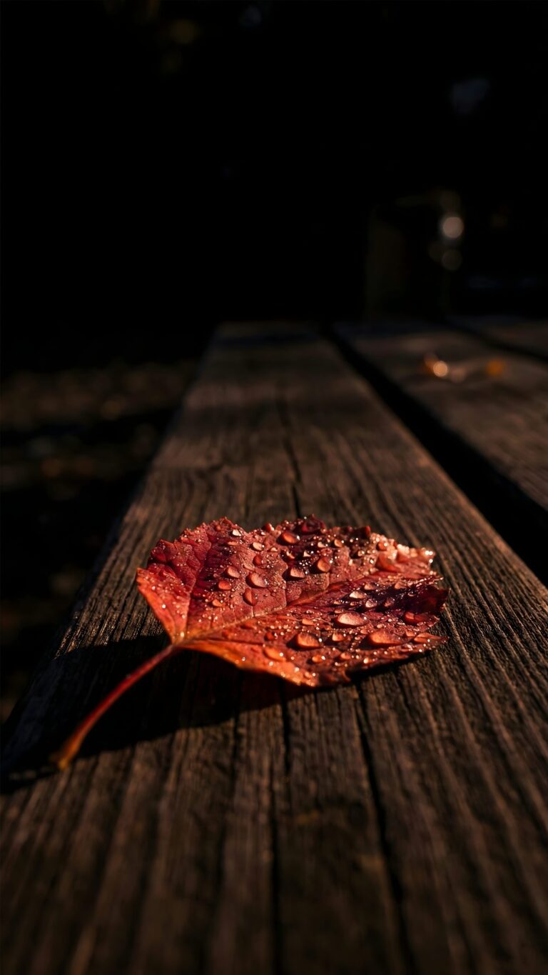 Highly detailed macro digital render of a single red autumn leaf covered in shiny water droplets resting on a dark wooden textured surface with a blurred dark background aesthetic 4K ultra HD mobile wallpaper