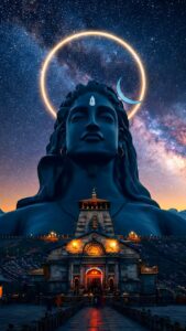 Vertical spiritual wallpaper for Maha Shivratri featuring a giant blue Adiyogi Shiva statue meditating under the Milky Way galaxy, a glowing Kedarnath-style temple at the bottom, golden halo, cosmic background, 4K resolution