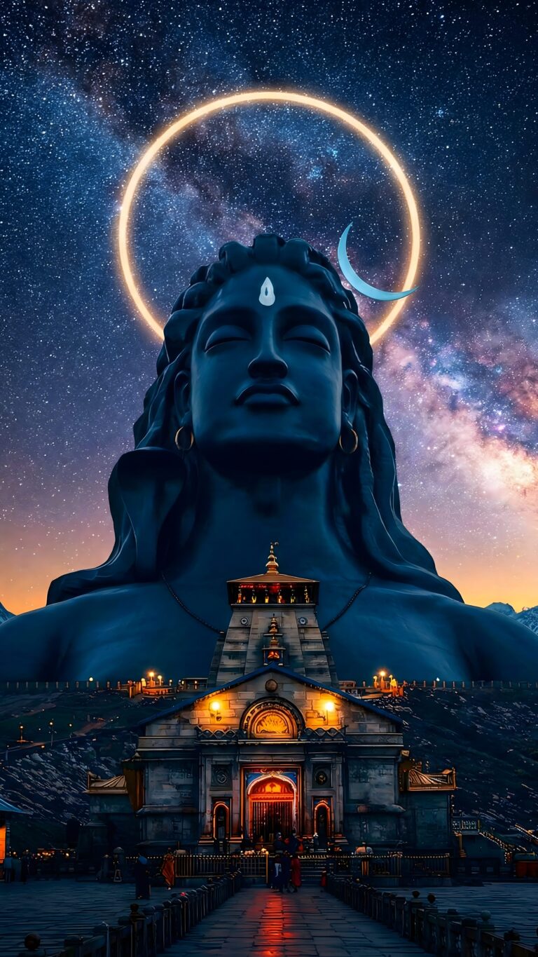 Highly detailed digital render of a majestic blue Lord Shiva Adiyogi statue behind the glowing Kedarnath temple under a cosmic galaxy night sky spiritual aesthetic 4K ultra HD mobile wallpaper
