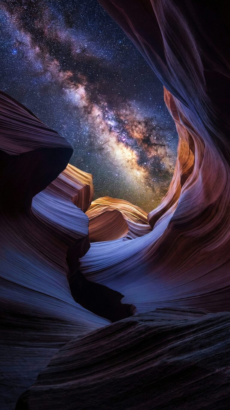 Highly detailed digital render of a majestic purple slot canyon reflecting a vibrant milky way galaxy and starry night sky aesthetic 4K ultra HD mobile wallpaper