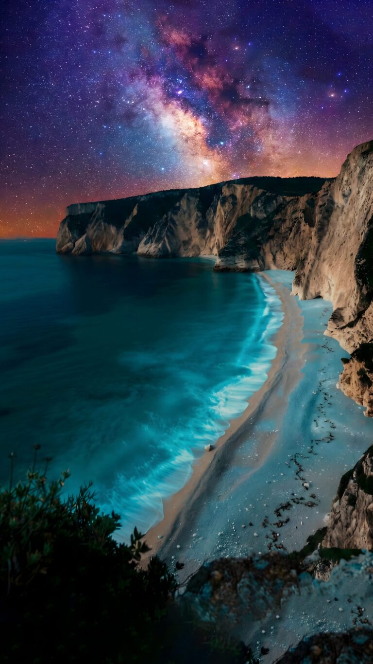 Highly detailed digital render of a magical cosmic beach coastline with glowing cyan water waves crashing on the shore under a spectacular milky way galaxy starry night sky aesthetic 4K ultra HD mobile wallpaper