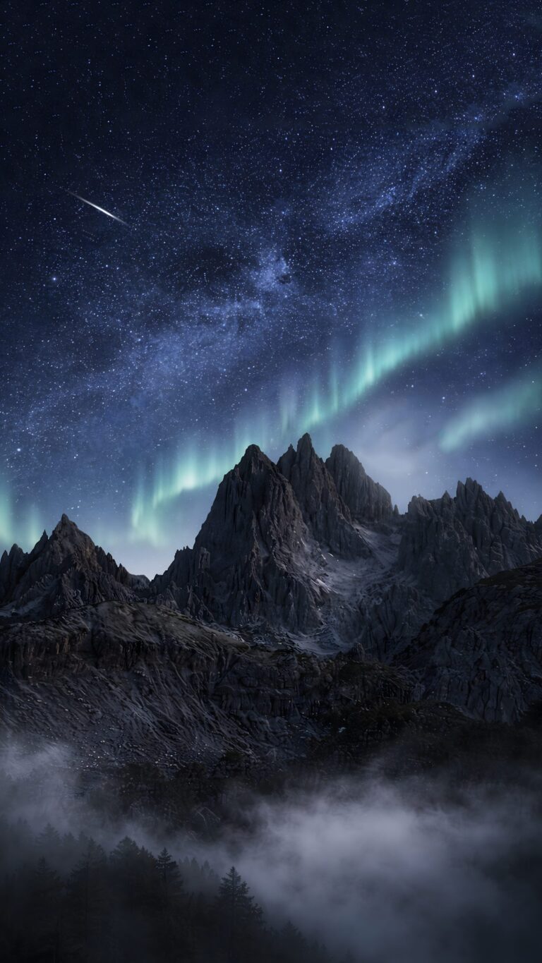 Highly detailed digital render of majestic dark mountains under a vibrant green aurora borealis and milky way galaxy night sky aesthetic 4K ultra HD mobile wallpaper