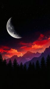 Vertical digital art of a large detailed crescent moon in a starry sky, vibrant red and orange clouds glowing over purple mountains, silhouette of a pine forest in the foreground, dark fantasy aesthetic 4K wallpaper
