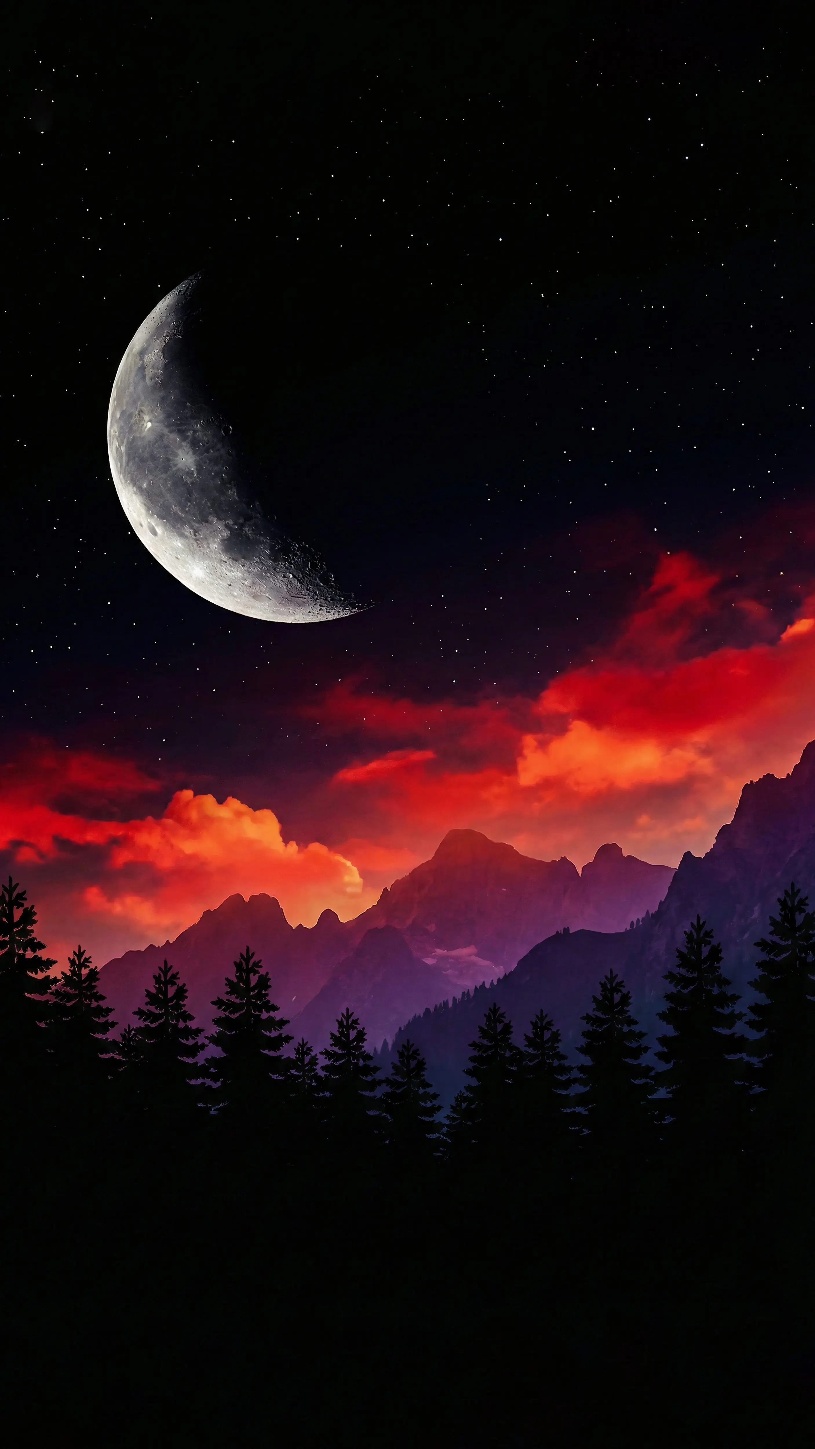 Mystic Crescent Moon Red Clouds Wallpaper