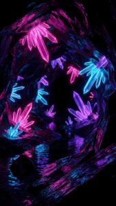 Vertical 3D digital art of a dark underground cavern filled with glowing neon pink and cyan quartz crystals, illuminating a dark water stream with vibrant reflections, magical fantasy 4K AMOLED wallpaper.