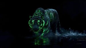 Horizontal digital art of a majestic tiger walking through dark water at night, featuring glowing neon green stripes and illuminating eyes, cyberpunk fantasy wildlife aesthetic, 4K AMOLED wallpaper.