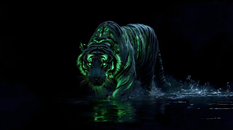 Highly detailed digital render of a majestic tiger with glowing neon green cyberpunk stripes walking through dark water against a pitch black background 4K ultra HD PC desktop wallpaper