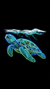 Neon Sea Turtle Wallpaper 4K, abstract glowing blue and green wireframe digital art of a swimming turtle under water against a true pitch-black AMOLED background