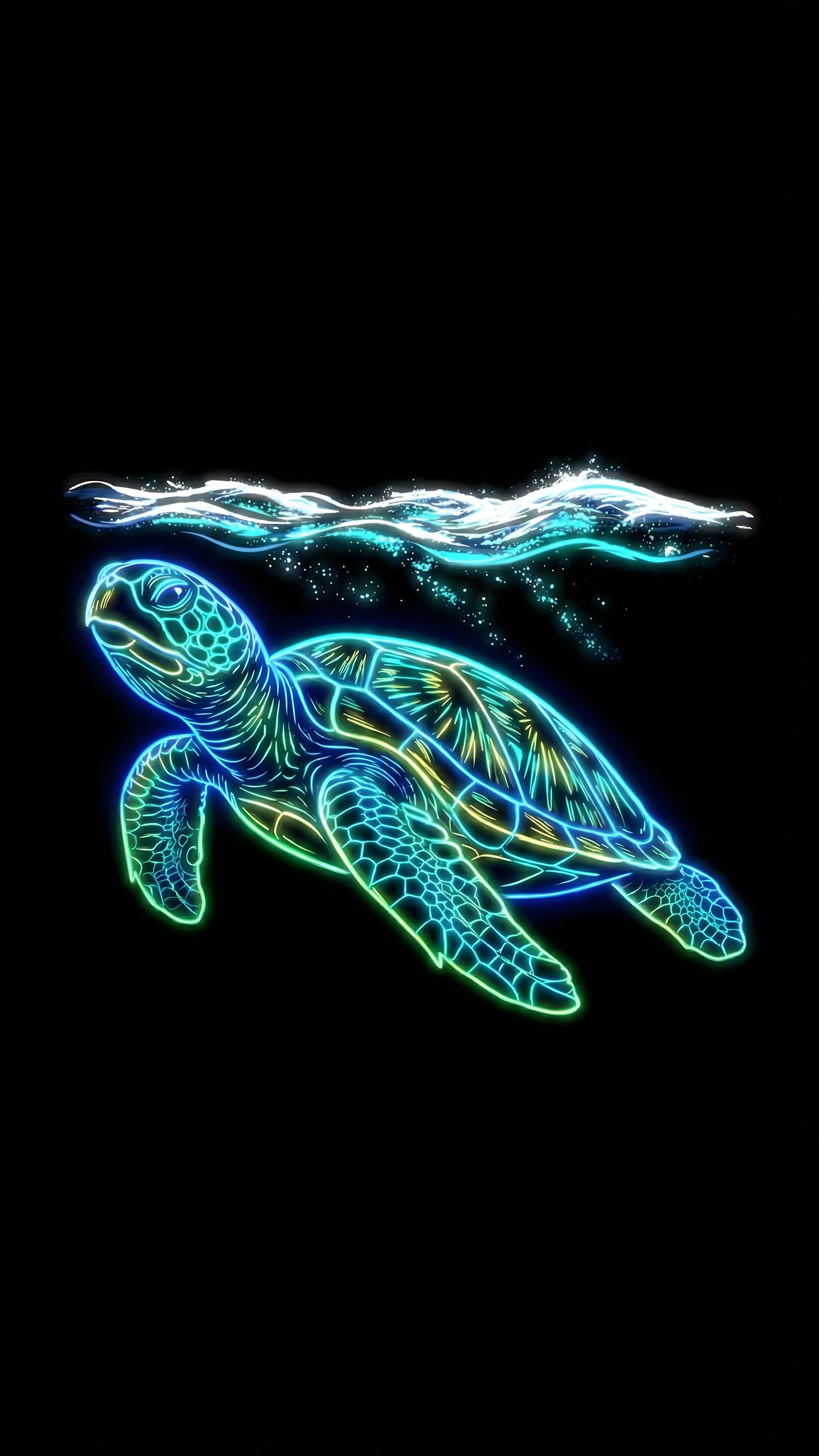 Neon Sea Turtle Wallpaper 4K: Dark AMOLED Hologram Art