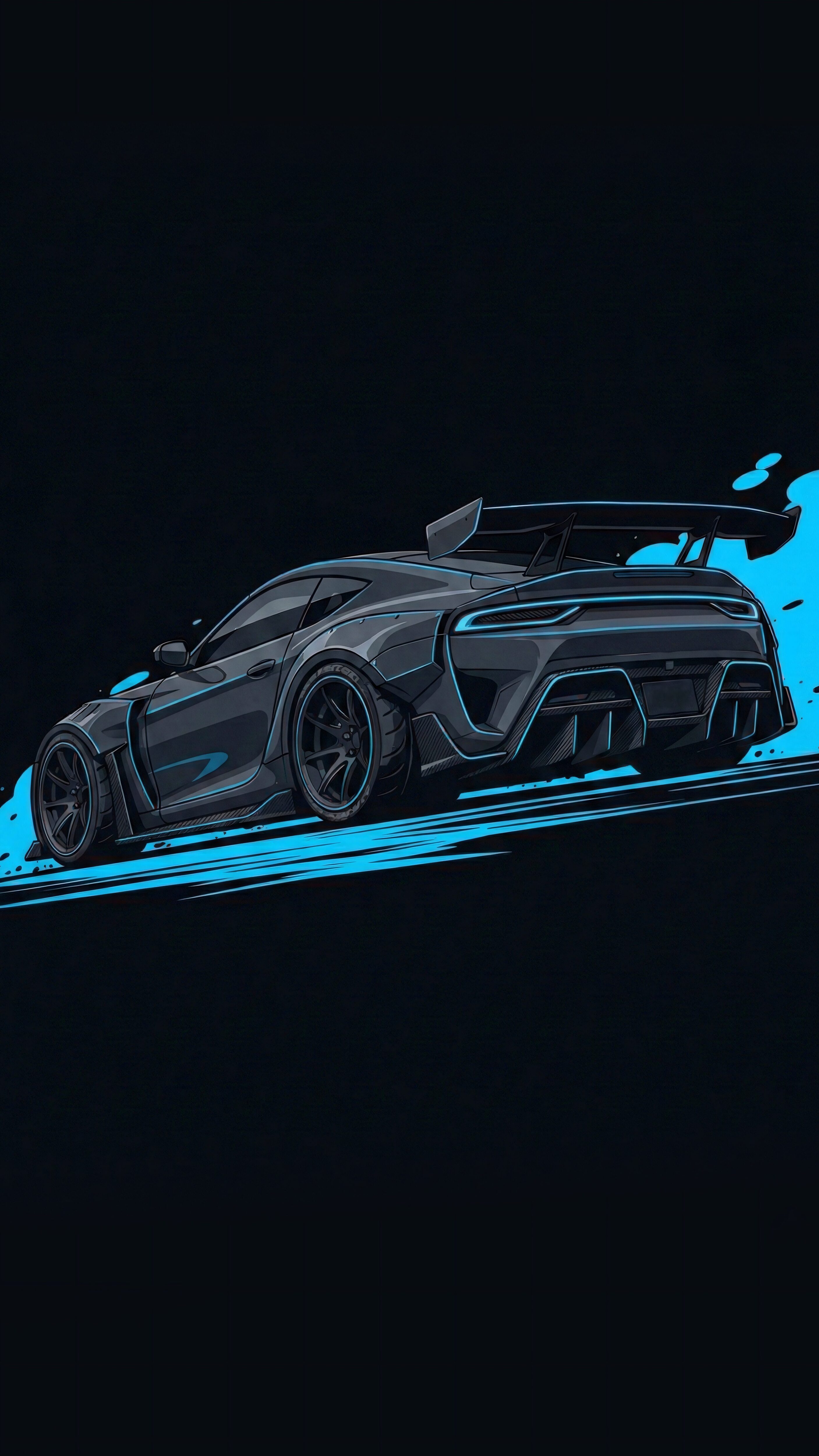 Vertical vector art wallpaper featuring a dark grey widebody sports car with neon blue accents and dynamic blue speed lines on a pitch-black background, comic book style illustration in 4K