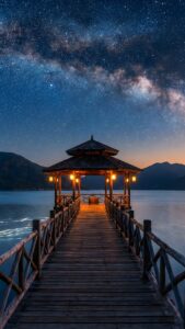 Vertical night landscape photography of a wooden pier leading to a gazebo with warm glowing lanterns on a calm lake, background filled with the Milky Way galaxy and starry sky, mountains in distance, peaceful travel aesthetic 4K wallpaper