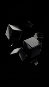 Vertical 3D digital art featuring floating glossy obsidian black geometric cubes reflecting soft light against a true pitch-black background, minimalist dark tech aesthetic 4K wallpaper