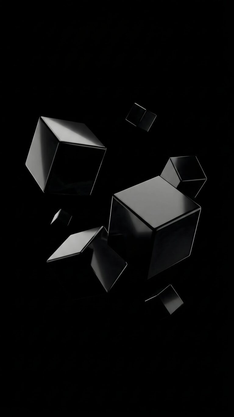 Highly detailed 3D digital render of glossy black floating obsidian cubes against a pure pitch black background minimalist dark abstract aesthetic 4K ultra HD mobile wallpaper