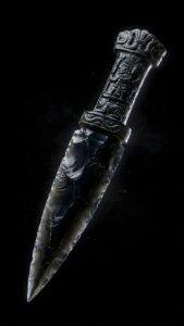 Vertical 3D digital art of an ancient obsidian dagger, featuring an intricately carved Mayan or Aztec style handle, sharp chipped black glass blade reflecting light, pitch black background with floating dust particles, dark fantasy aesthetic 4K wallpaper