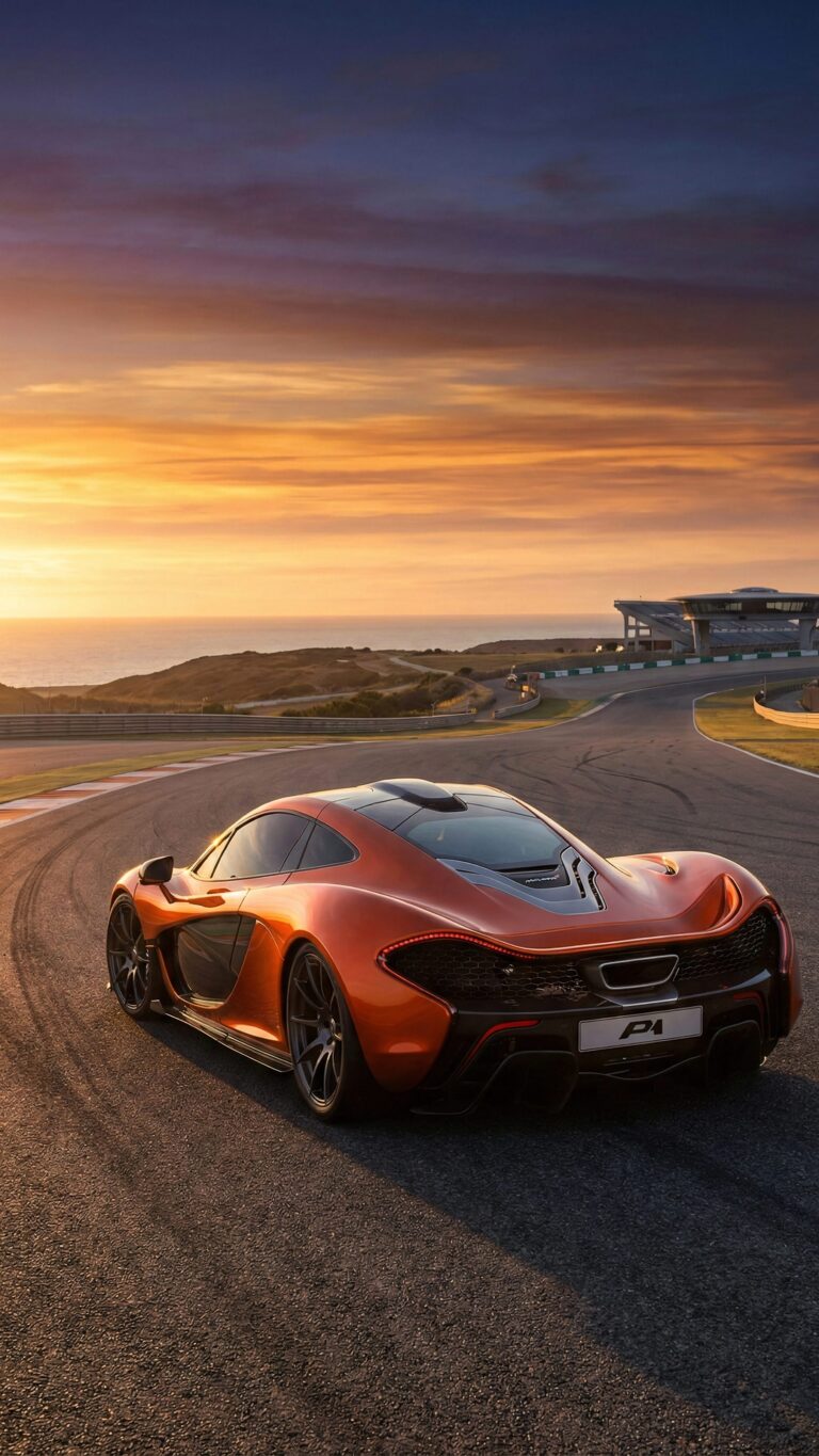 Highly detailed digital render of a sleek orange McLaren P1 supercar driving on a race track near the coast during a beautiful golden hour sunset aesthetic 4K ultra HD mobile wallpaper