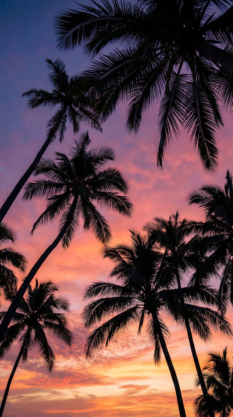 Highly detailed digital render of tropical palm tree silhouettes against a vibrant pink purple and orange sunset sky aesthetic 4K ultra HD mobile wallpaper