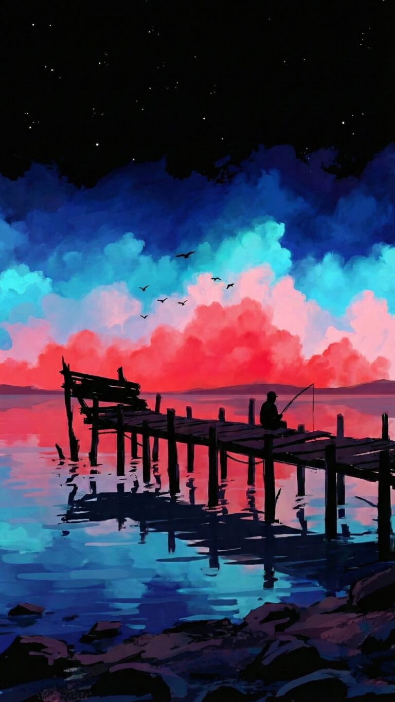 Highly detailed painted style digital illustration of a peaceful silhouette of a person fishing on a wooden pier against a vibrant pink and blue starry night sky aesthetic 4K ultra HD mobile wallpaper