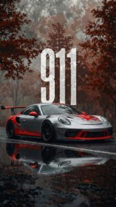 Vertical automotive wallpaper of a silver and red Porsche 911 GT3 RS parked on a wet road with reflections, rainy autumn forest background with red leaves, large '911' text overlay, moody cinematic 4K Car Wallpaper
