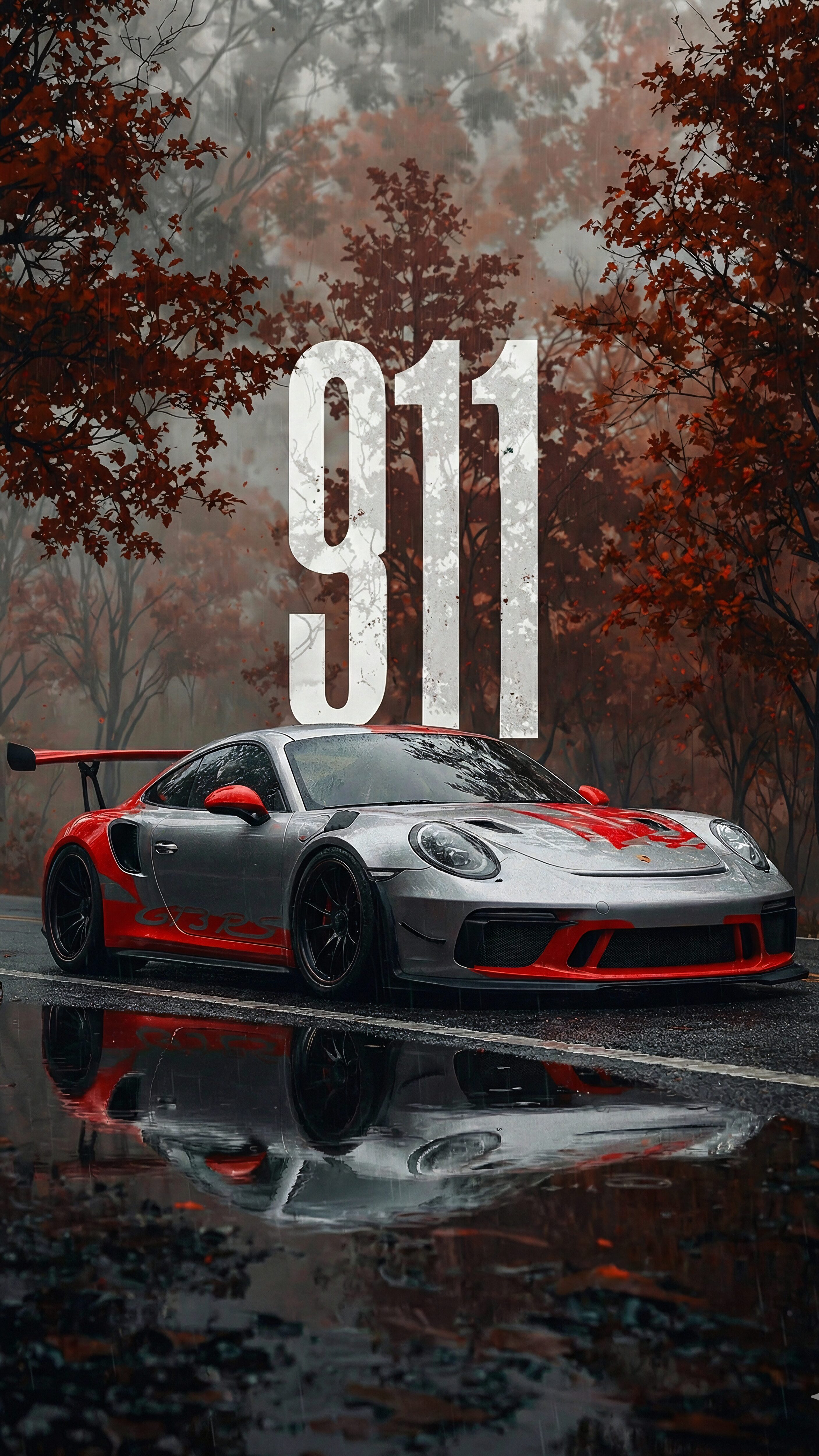 Vertical automotive wallpaper of a silver and red Porsche 911 GT3 RS parked on a wet road with reflections, rainy autumn forest background with red leaves, large '911' text overlay, moody cinematic 4K Car Wallpaper