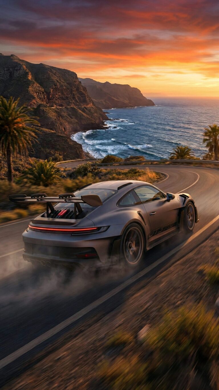 Highly detailed digital render of a sleek silver Porsche 911 sports car drifting on a winding coastal road near the ocean with smoke from tires under a beautiful golden sunset aesthetic 4K ultra HD mobile wallpaper