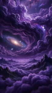 Vertical fantasy landscape showing a bright spiraling galaxy visible through a massive break in deep purple storm clouds, with sharp mountain peaks rising from a sea of violet fog below, surreal sci-fi digital art style, 8K resolution.