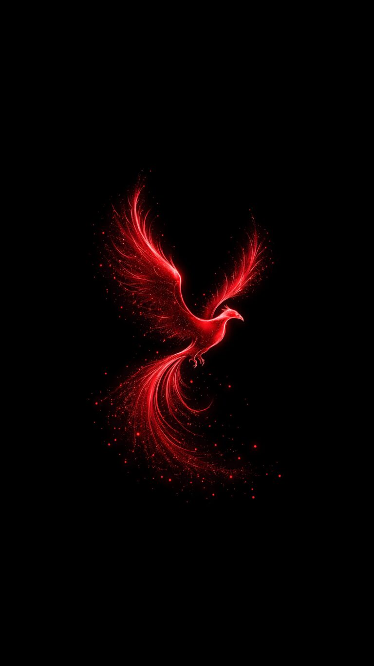 Highly detailed digital render of a majestic glowing red phoenix bird in flight against a pure pitch black background minimalist mythical aesthetic 4K ultra HD mobile wallpaper