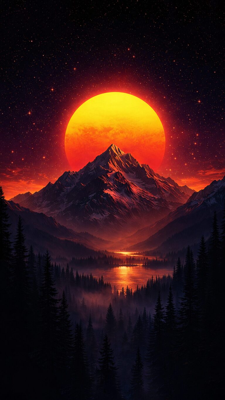 Highly detailed digital render of a giant glowing red sun setting behind a dark mountain peak with a pine forest silhouette and reflective river under a starry night sky fantasy aesthetic 4K ultra HD mobile wallpaper